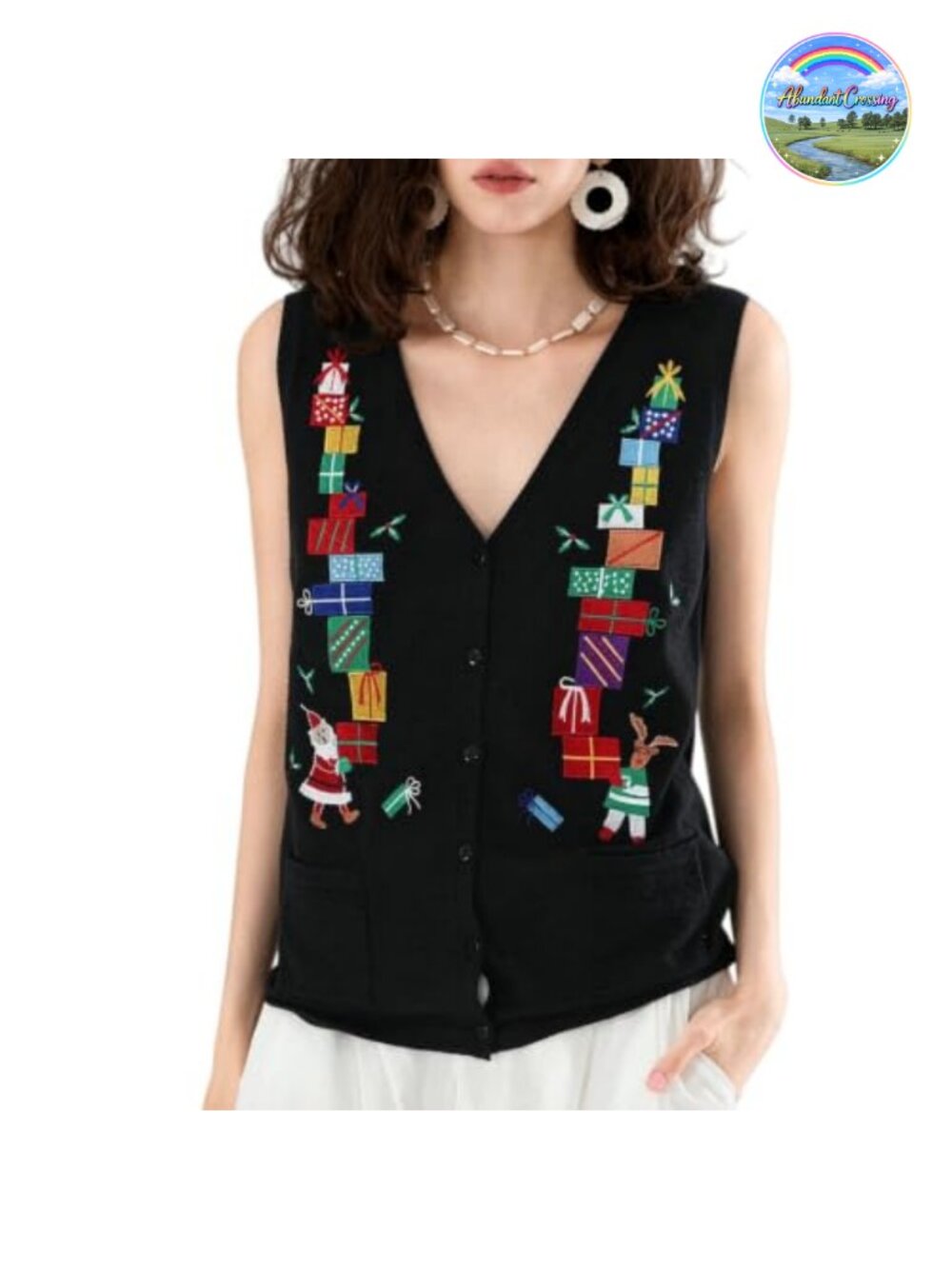 Women's Christmas Button Sweater Vest Embroidery Sleeveless Cardigan